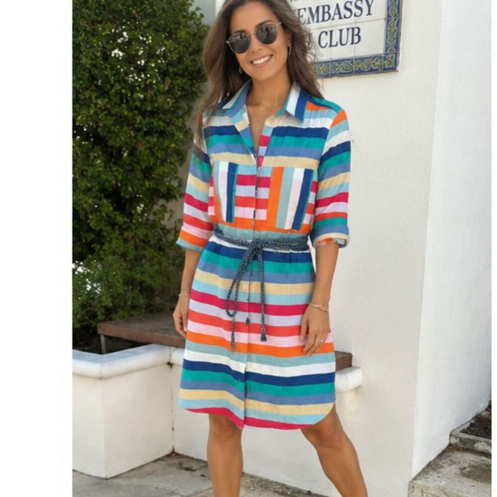 Vilagallo Colorful Striped Belted Linen Blend Shirt Dress, size 38